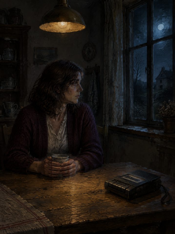 Une femme seule à la table de la cuisine, la nuit, sous une lampe