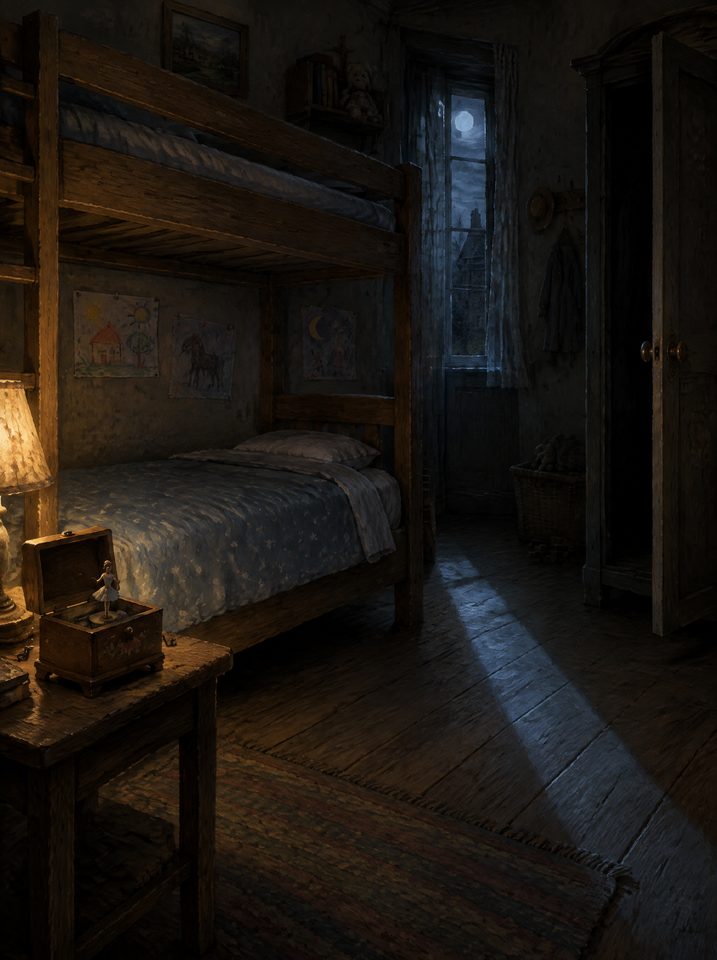 Une chambre d'enfant vide, la nuit : des lits superposés, des dessins, une boîte à musique