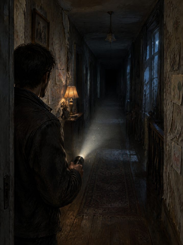 Un homme, de dos, une lampe torche à la main, à l'entrée d'un couloir sombre